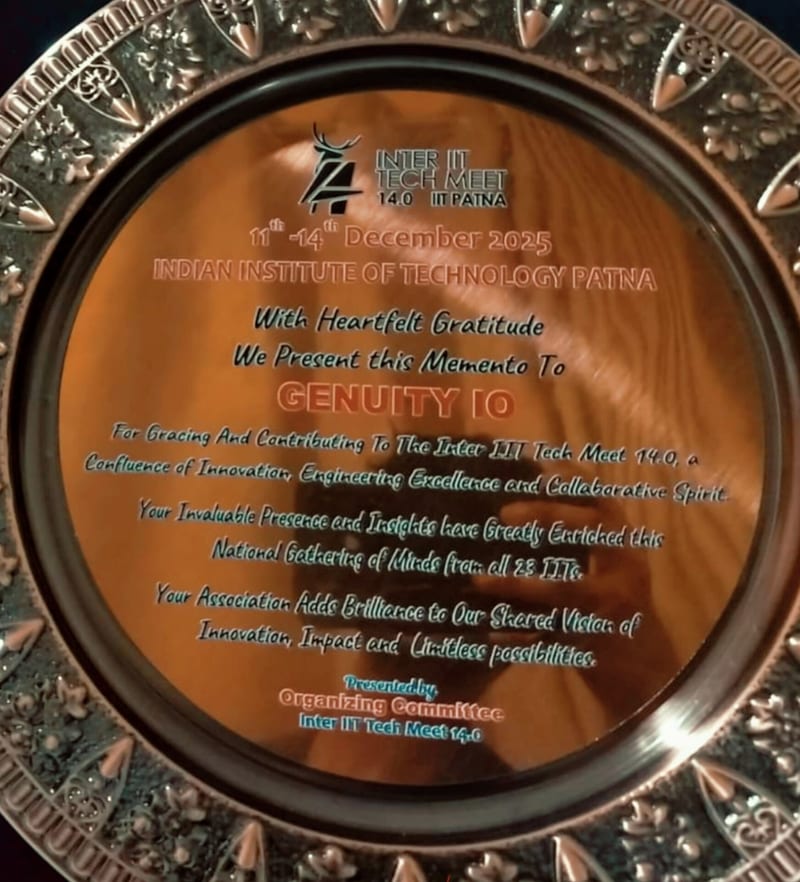 Inter-IIT Tech Meet 14.0 memento presented to Genuity IO, close up